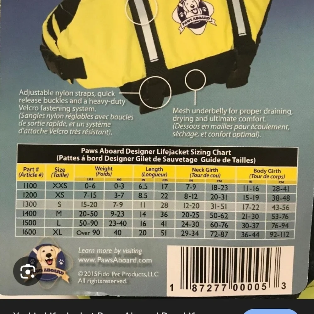 Dog Life Jacket Paws Aboard Adjustable Small